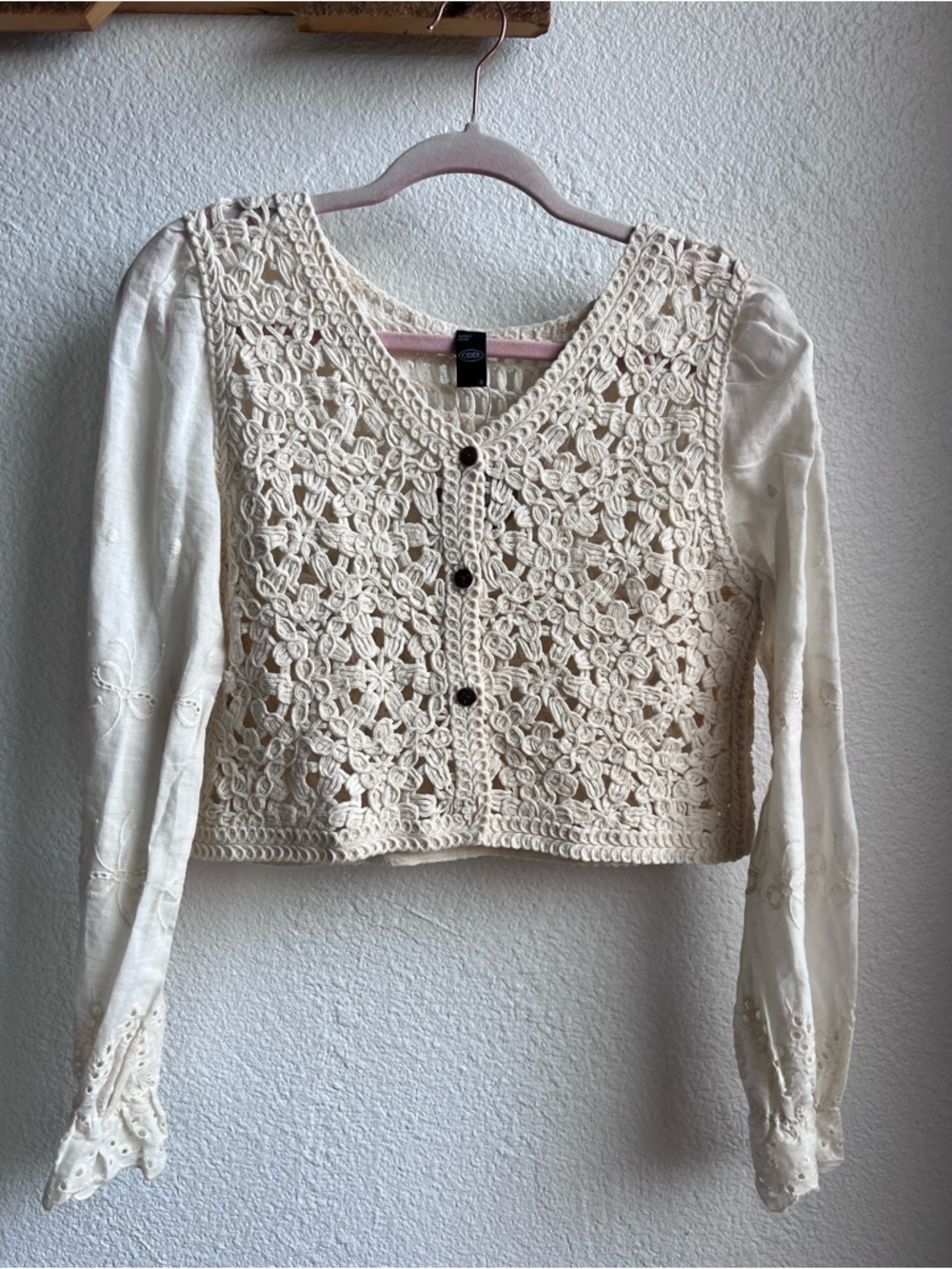 Cider Cream Crochet and Eyelet Sheer Cardigan Sm
